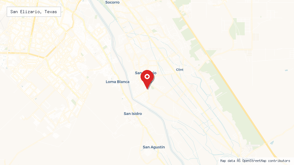 Street map of San Elizario, Texas with location pin