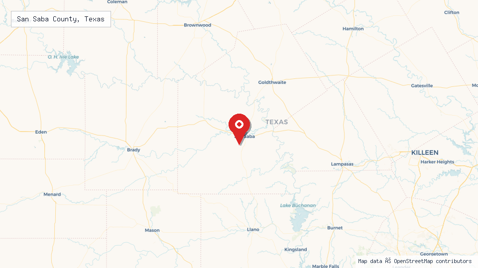 Street map of San Saba County, Texas with location pin