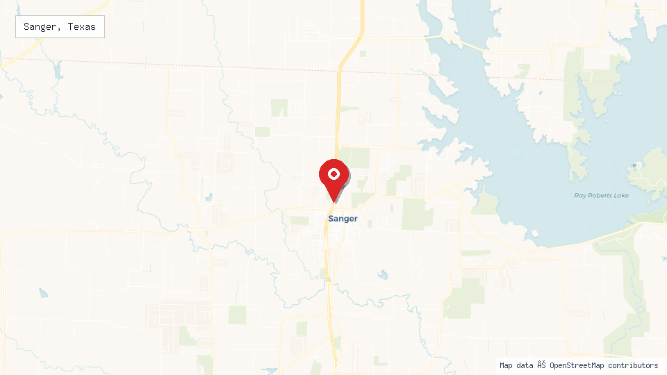 Street map of Sanger, Texas with location pin
