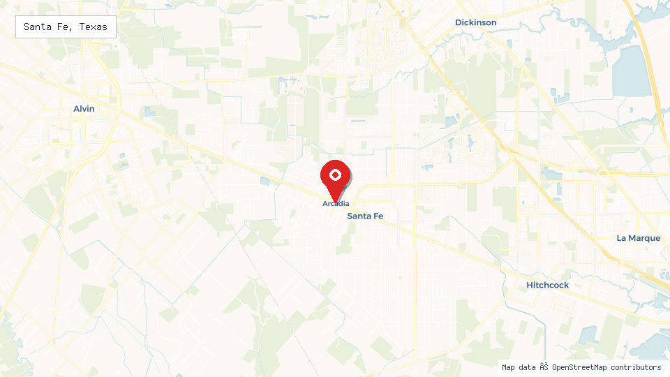 Street map of Santa Fe, Texas with location pin