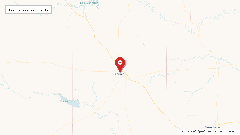 Street map of Scurry County, Texas with location pin