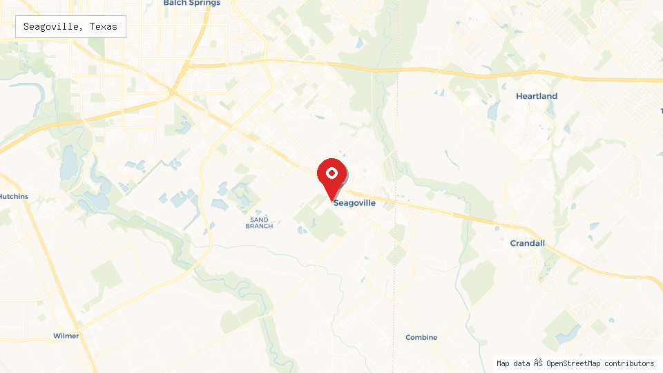 Street map of Seagoville, Texas with location pin