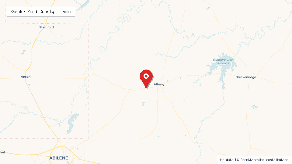 Street map of Shackelford County, Texas with location pin