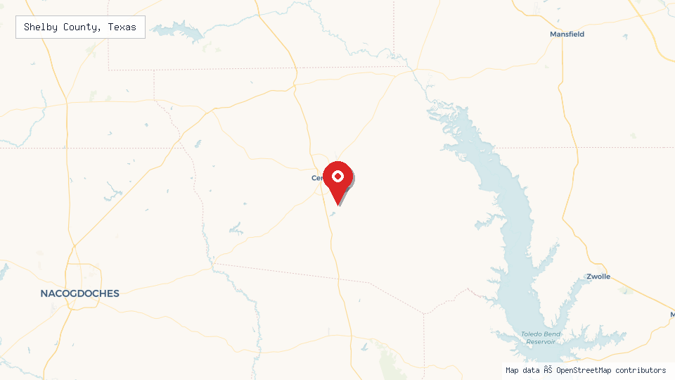 Street map of Shelby County, Texas with location pin