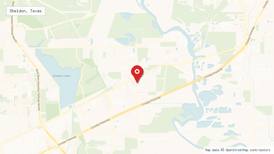 Street map of Sheldon, Texas with location pin