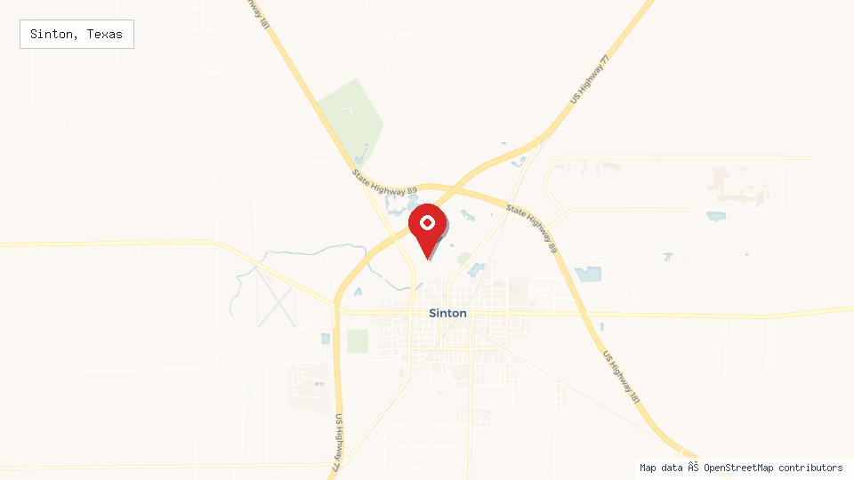 Street map of Sinton, Texas with location pin