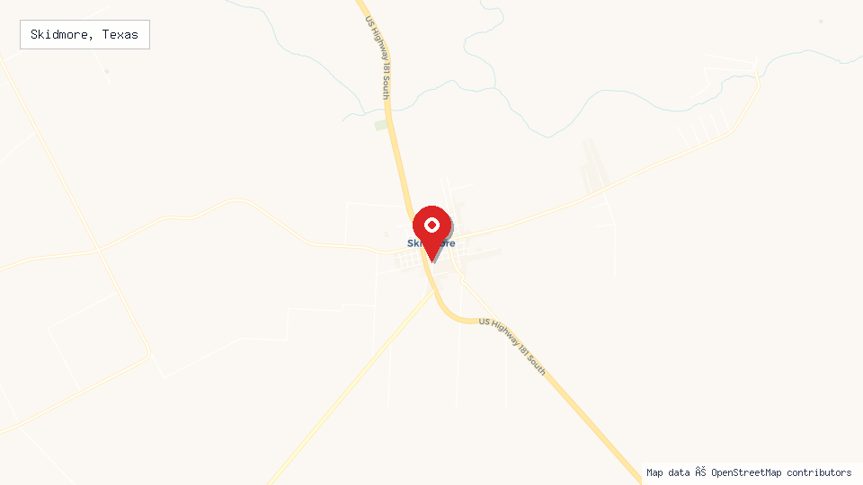 Street map of Skidmore, Texas with location pin