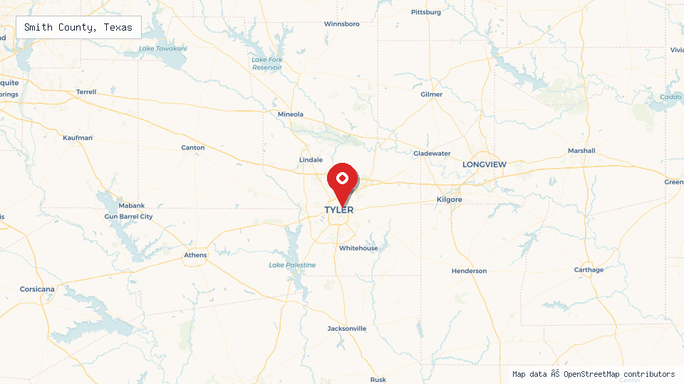 Street map of Smith County, Texas with location pin