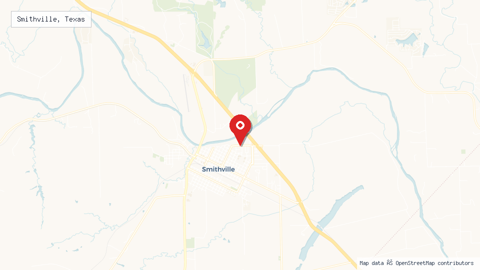 Street map of Smithville, Texas with location pin