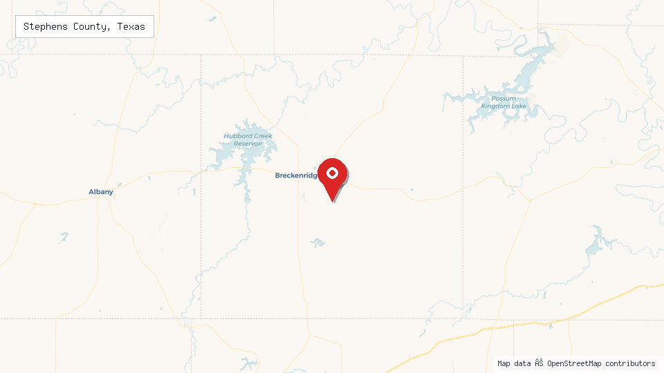 Street map of Stephens County, Texas with location pin