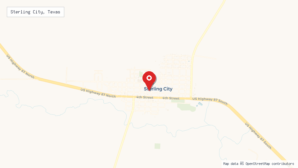 Street map of Sterling City, Texas with location pin