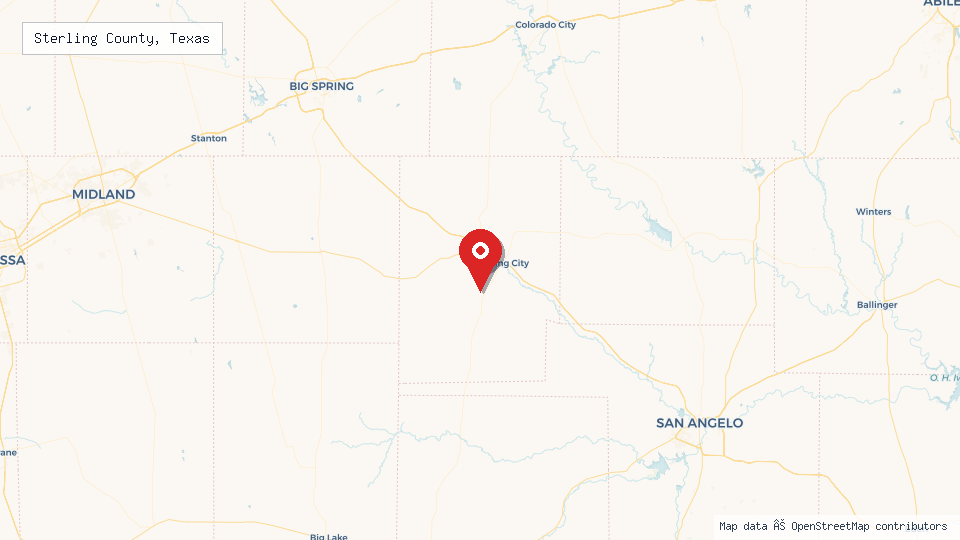 Street map of Sterling County, Texas with location pin