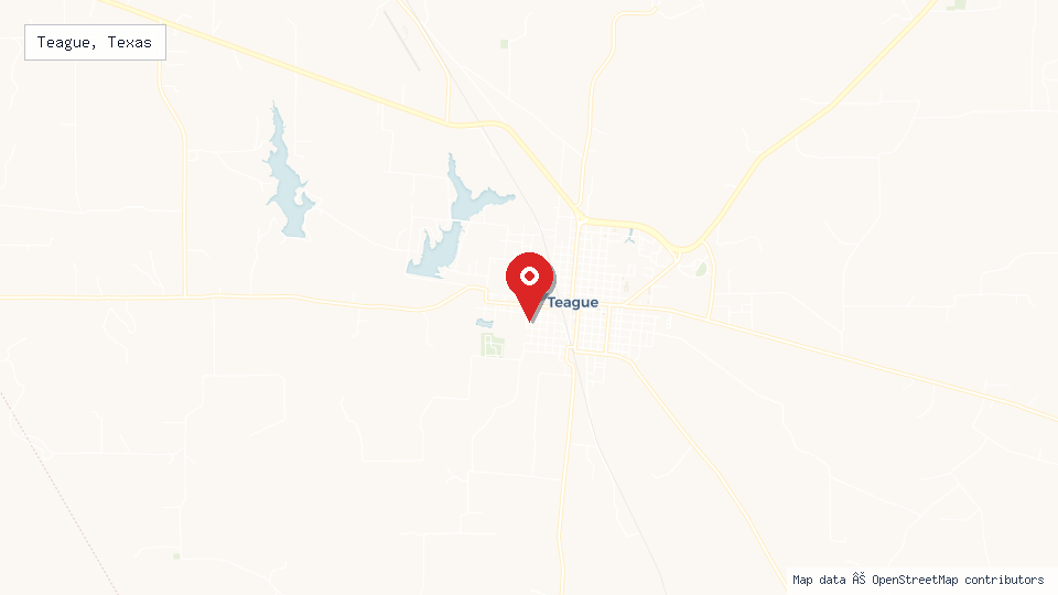Street map of Teague, Texas with location pin