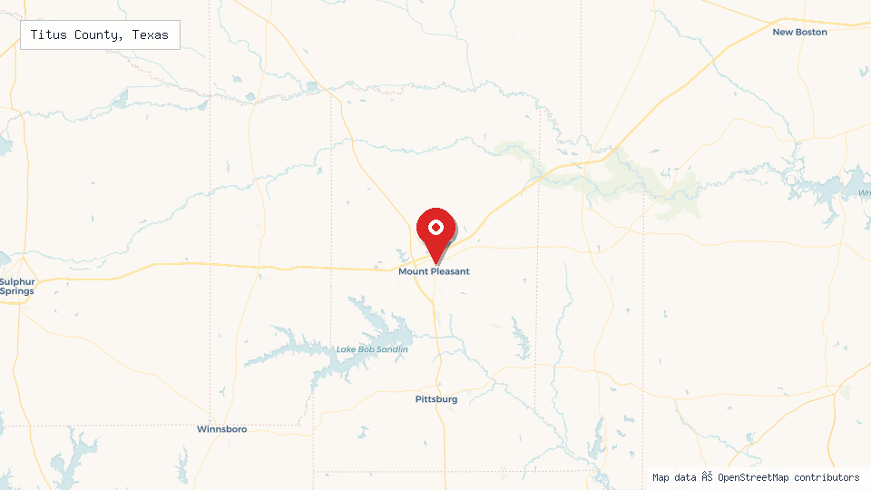 Street map of Titus County, Texas with location pin