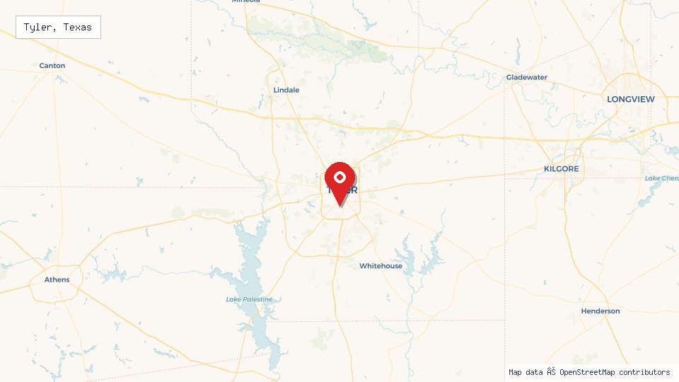 Street map of Tyler, Texas with location pin