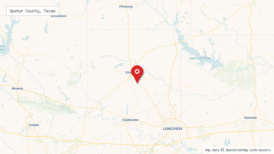 Street map of Upshur County, Texas with location pin