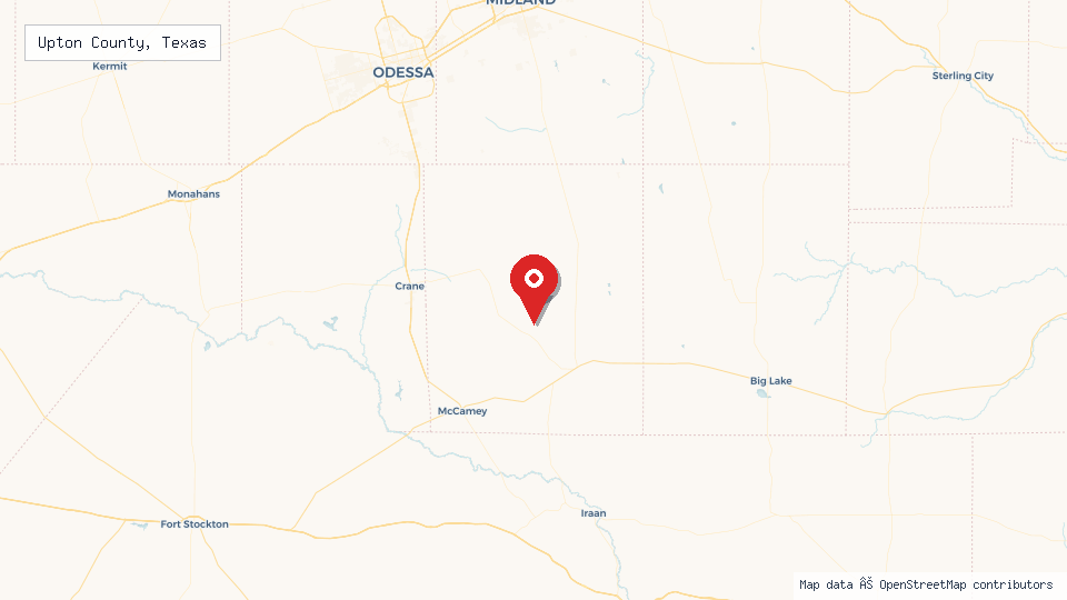 Street map of Upton County, Texas with location pin