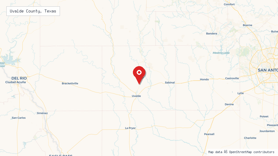 Street map of Uvalde County, Texas with location pin