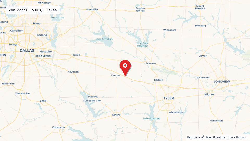Street map of Van Zandt County, Texas with location pin