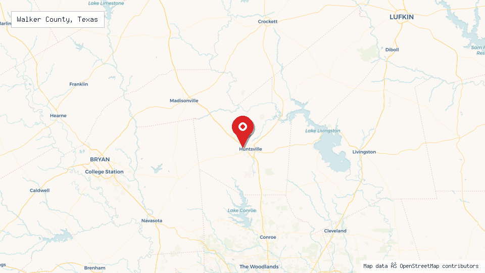 Street map of Walker County, Texas with location pin
