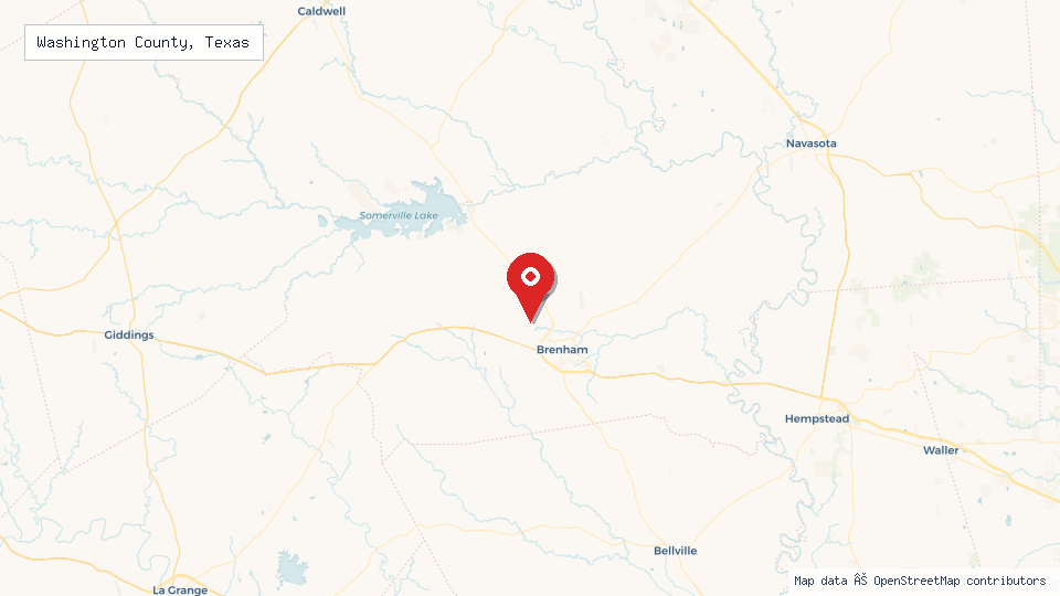 Street map of Washington County, Texas with location pin