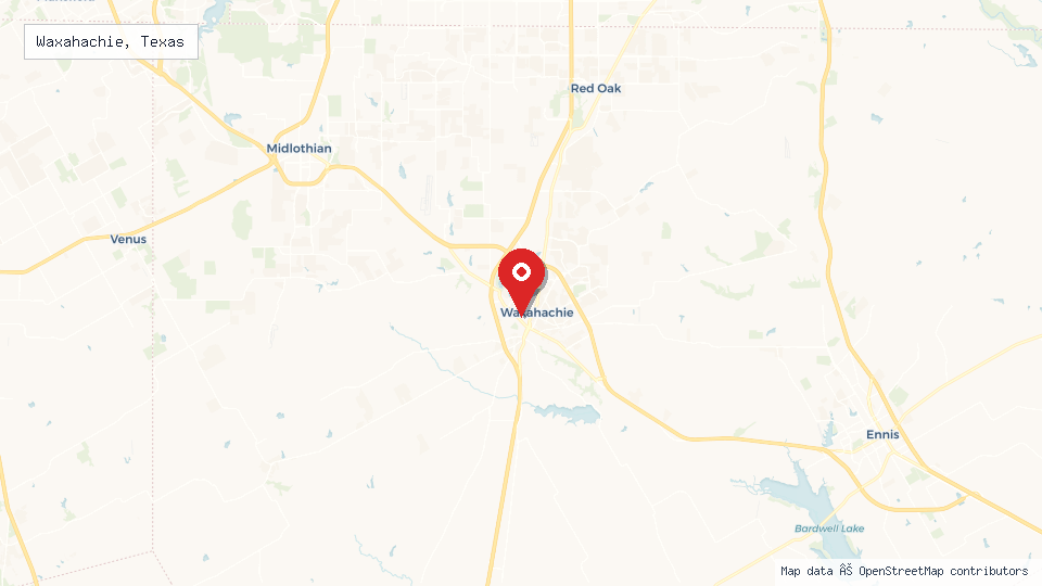 Street map of Waxahachie, Texas with location pin