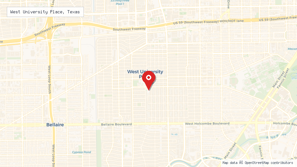 Street map of West University Place, Texas with location pin