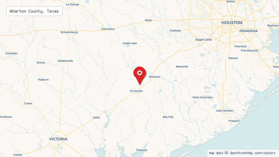 Street map of Wharton County, Texas with location pin