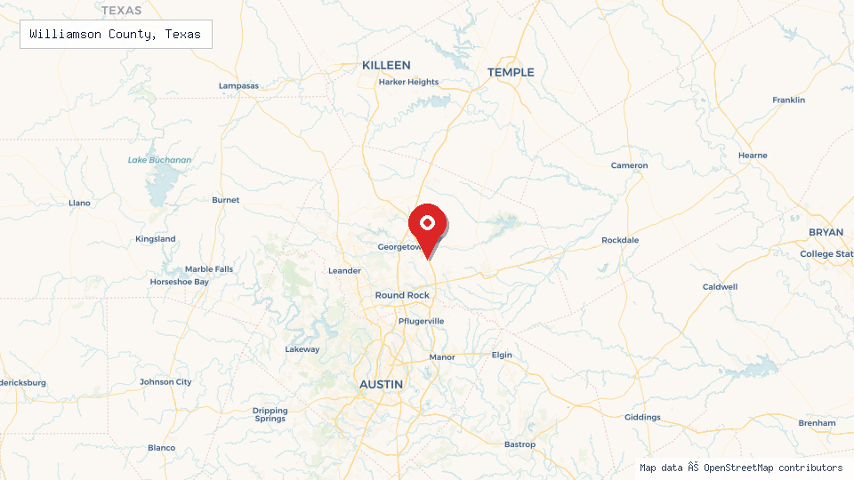 Street map of Williamson County, Texas with location pin