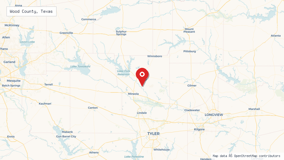 Street map of Wood County, Texas with location pin