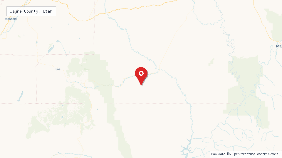 Street map of Wayne County, Utah with location pin