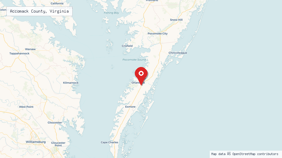 Street map of Accomack County, Virginia with location pin
