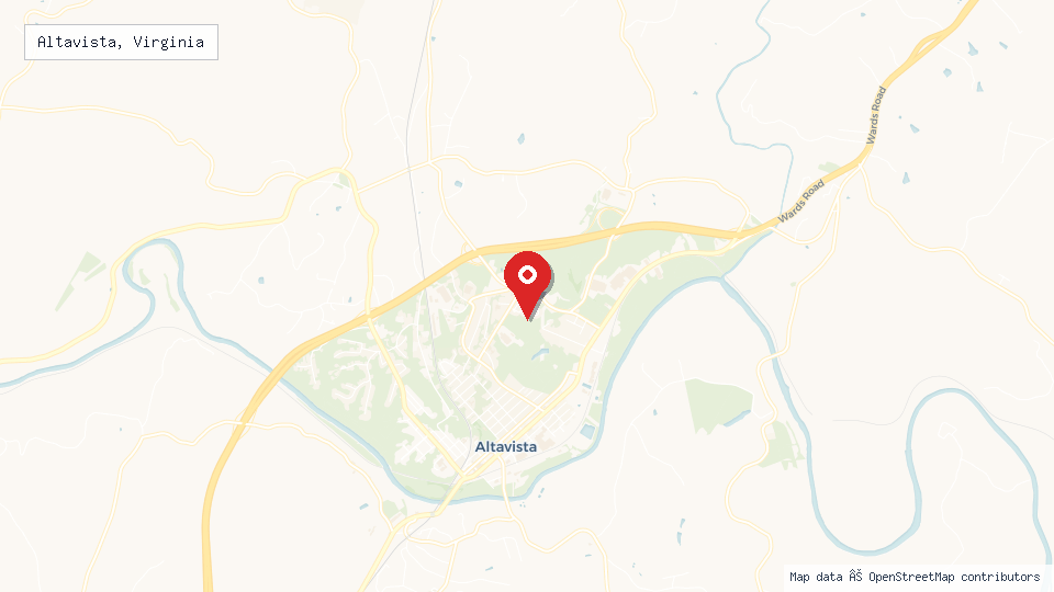 Street map of Altavista, Virginia with location pin