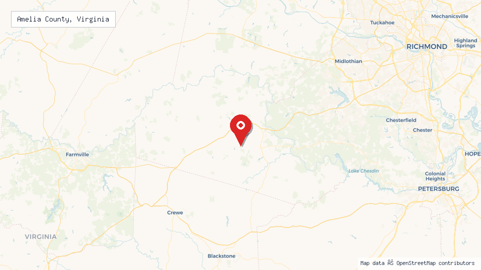 Street map of Amelia County, Virginia with location pin