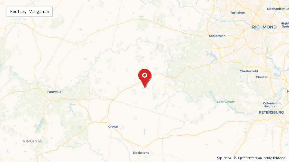 Street map of Amelia, Virginia with location pin