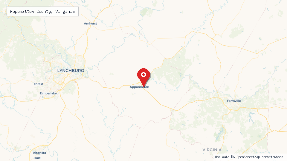 Street map of Appomattox County, Virginia with location pin