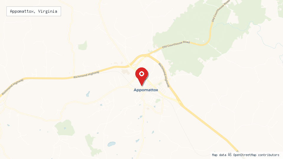 Street map of Appomattox, Virginia with location pin