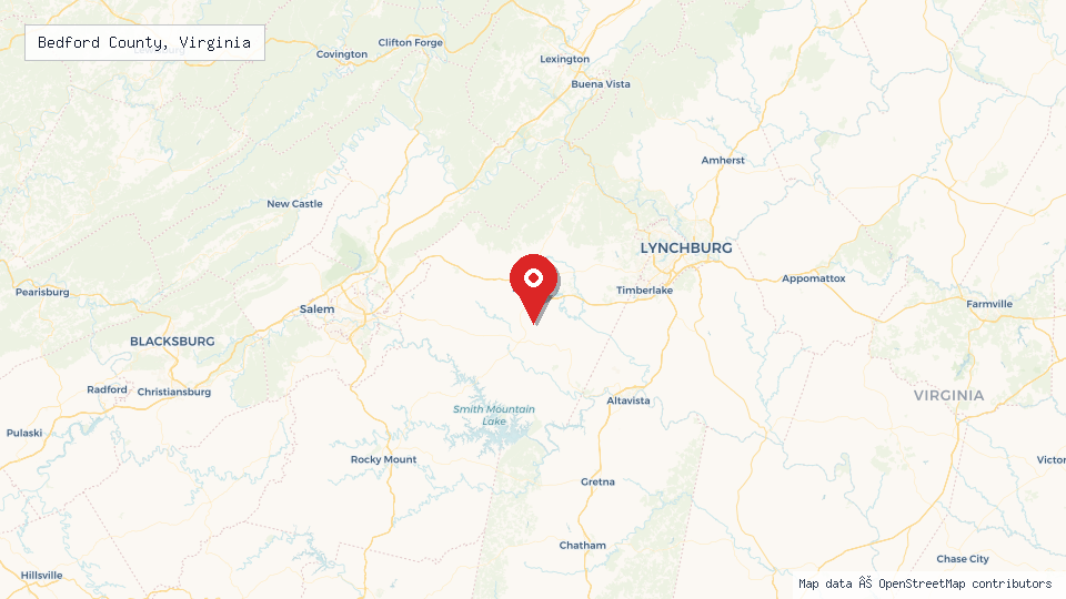 Street map of Bedford County, Virginia with location pin