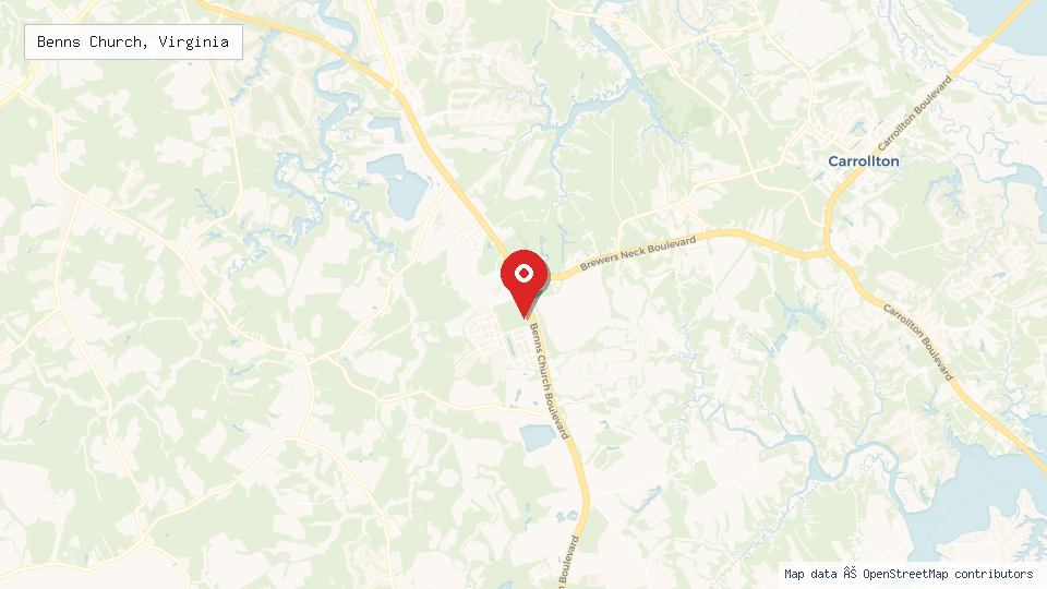 Street map of Benns Church, Virginia with location pin