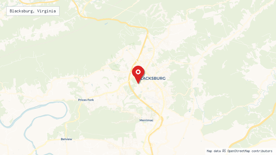 Street map of Blacksburg, Virginia with location pin