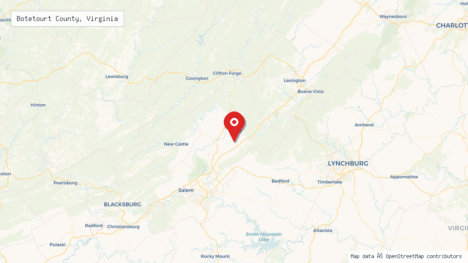Street map of Botetourt County, Virginia with location pin