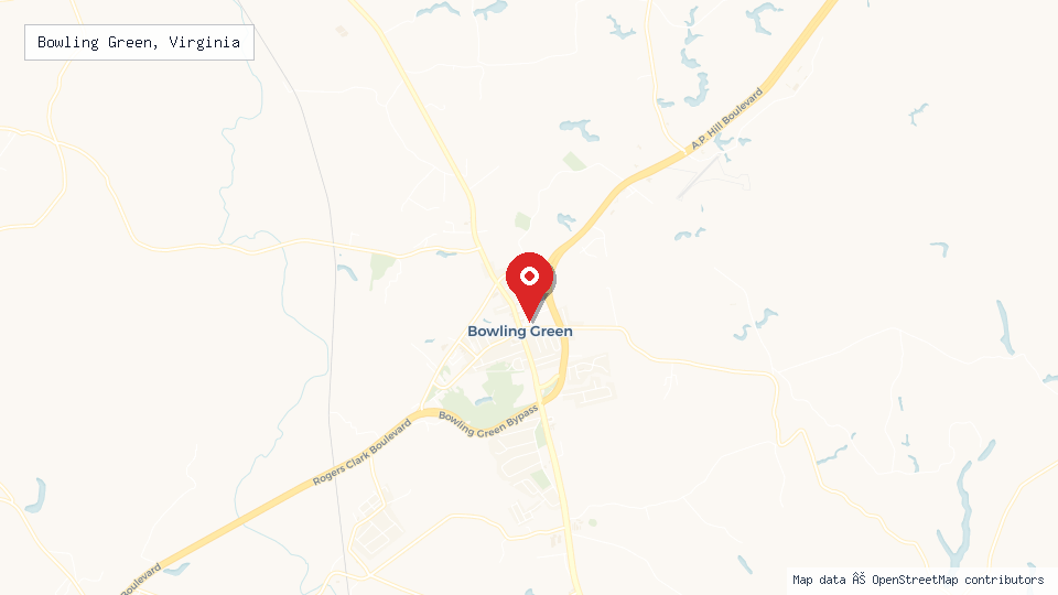 Street map of Bowling Green, Virginia with location pin