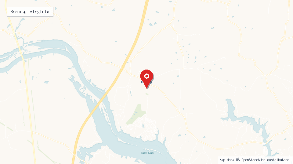 Street map of Bracey, Virginia with location pin