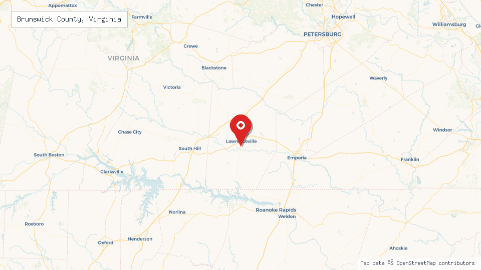 Street map of Brunswick County, Virginia with location pin