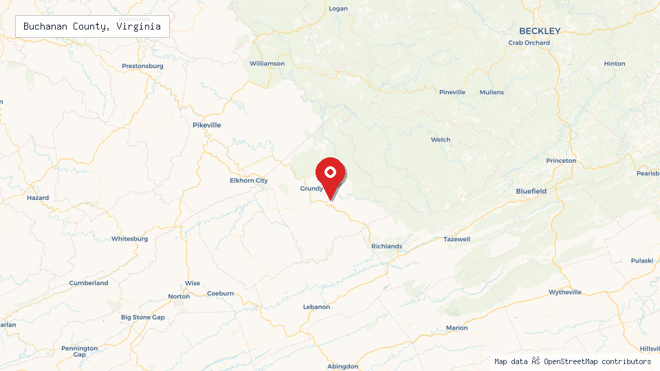 Street map of Buchanan County, Virginia with location pin