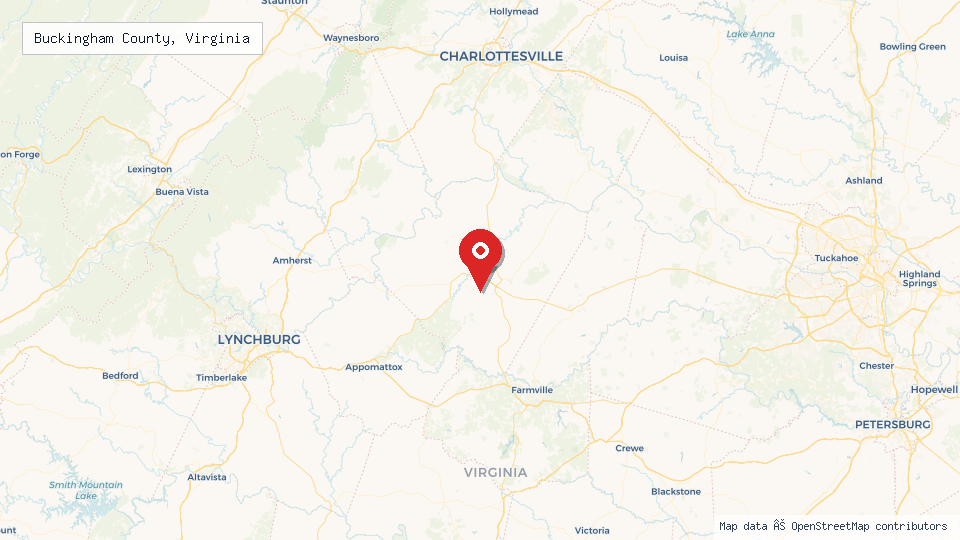 Street map of Buckingham County, Virginia with location pin