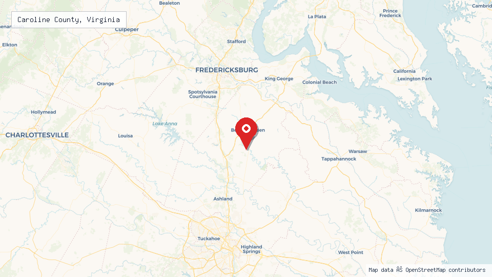 Street map of Caroline County, Virginia with location pin