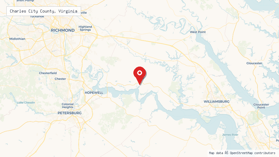 Street map of Charles City County, Virginia with location pin