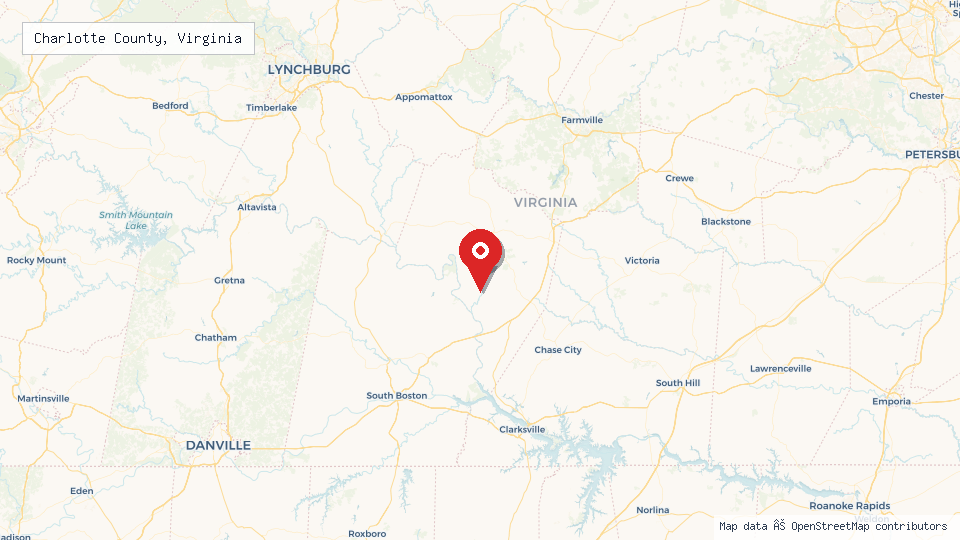 Street map of Charlotte County, Virginia with location pin
