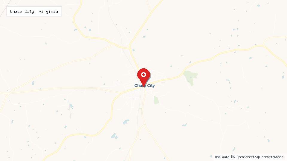 Street map of Chase City, Virginia with location pin